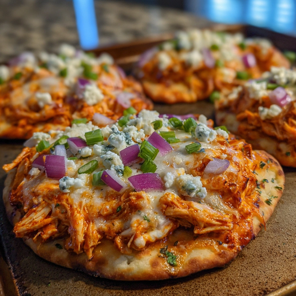 Flatbread pizza with buffalo chicken and ranch drizzle