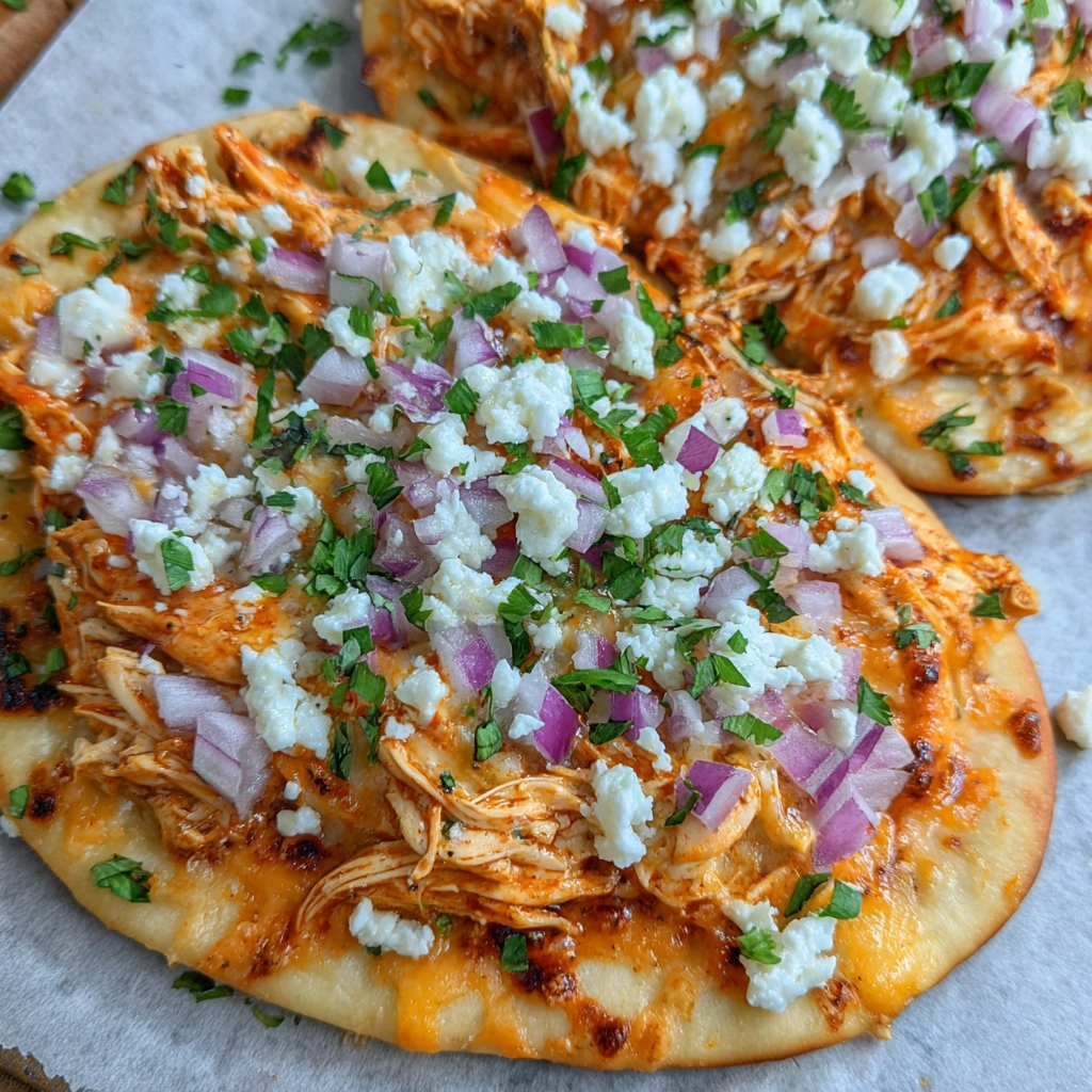 Hot and cheesy buffalo chicken flatbread topped with green onions