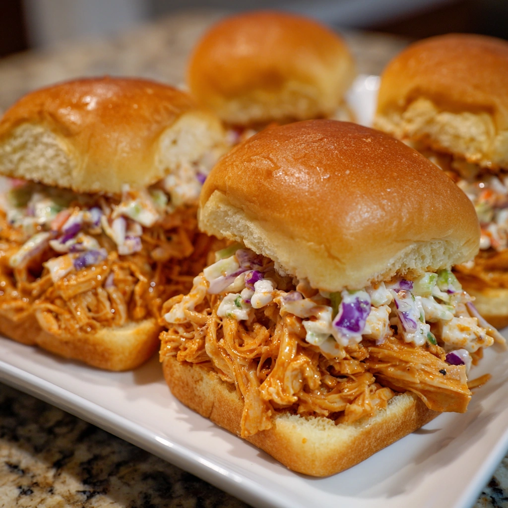 Sliders filled with buffalo chicken, melted cheese, and ranch drizzle
