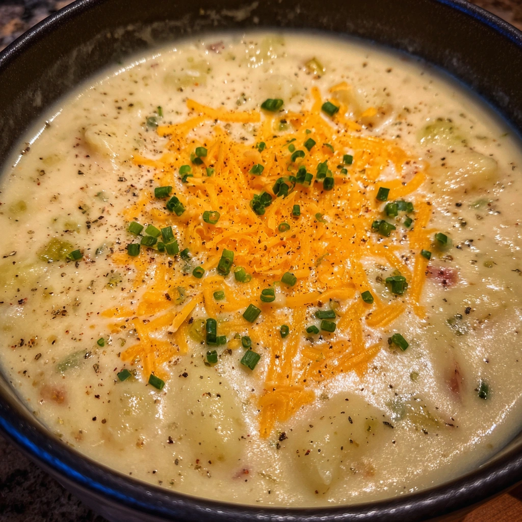 Spoonful of cheesy potato soup lifted from a bowl with toppings