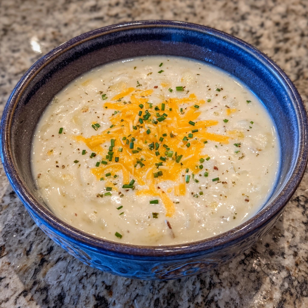 Close-up of potato soup with melted cheddar and fresh herbs