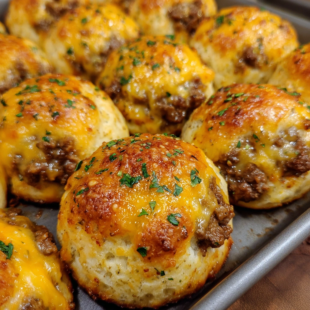 Close-up of stuffed cheeseburger bombs with melted cheddar inside