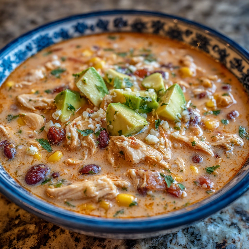 Close-up of soup with melted cheese and Rotel tomatoes