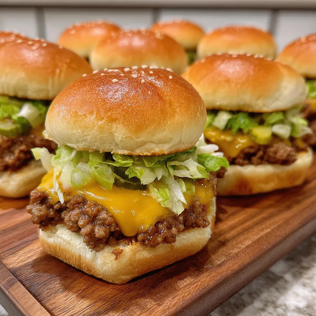 Tray of Big Mac sliders with sesame seed buns and melted cheese