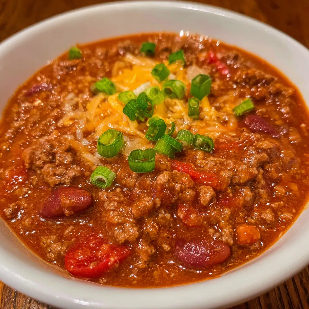 Close-up of chunky chili with beef, beans, and tomatoes.