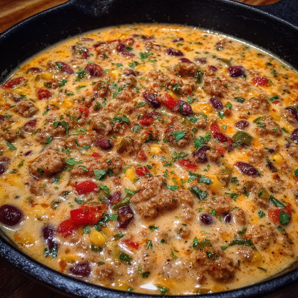 Skillet of cowboy queso dip with tortilla chips on the side