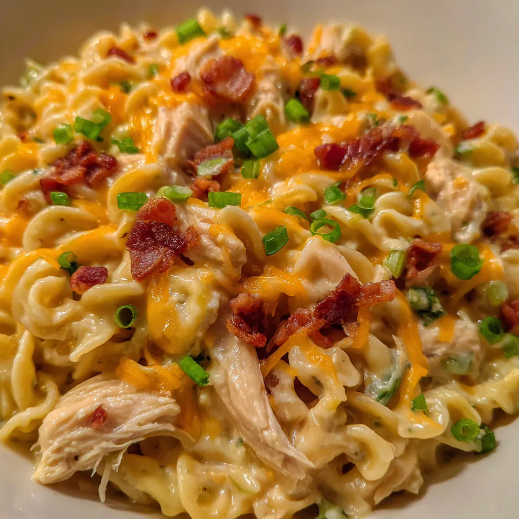 Bowl of creamy crack chicken and noodles with cheddar and bacon
