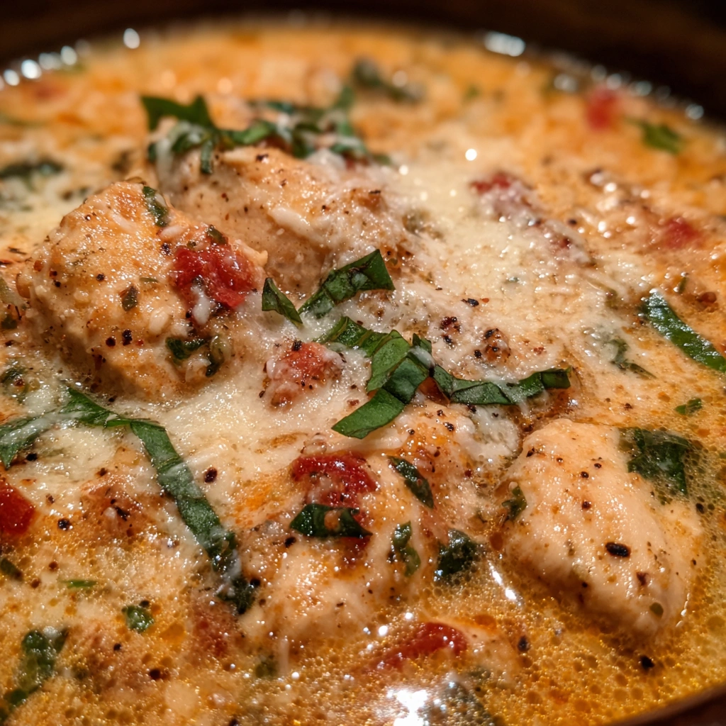 Crock pot filled with creamy chicken parmesan soup ready to serve