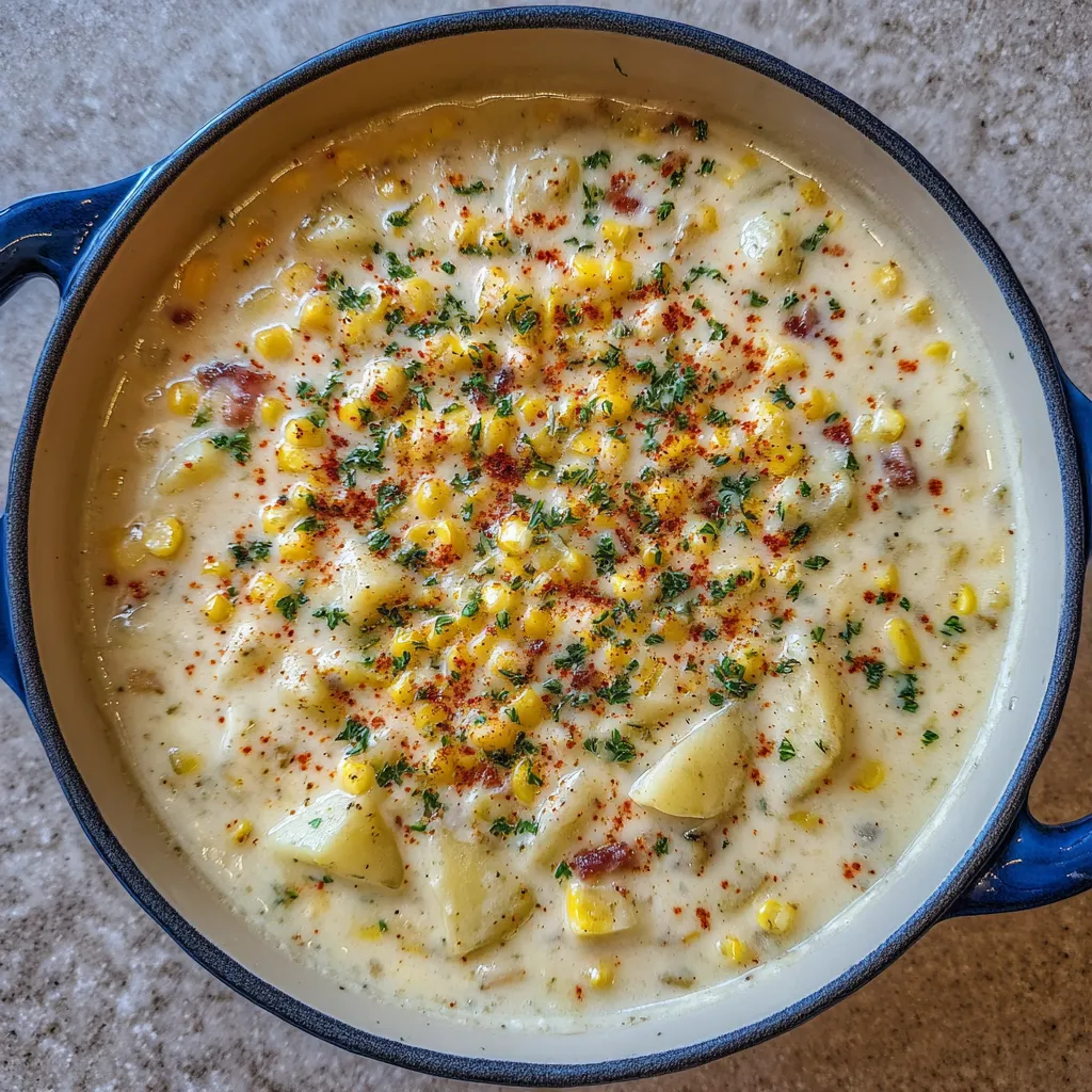 Pot of corn chowder simmering with potatoes and corn