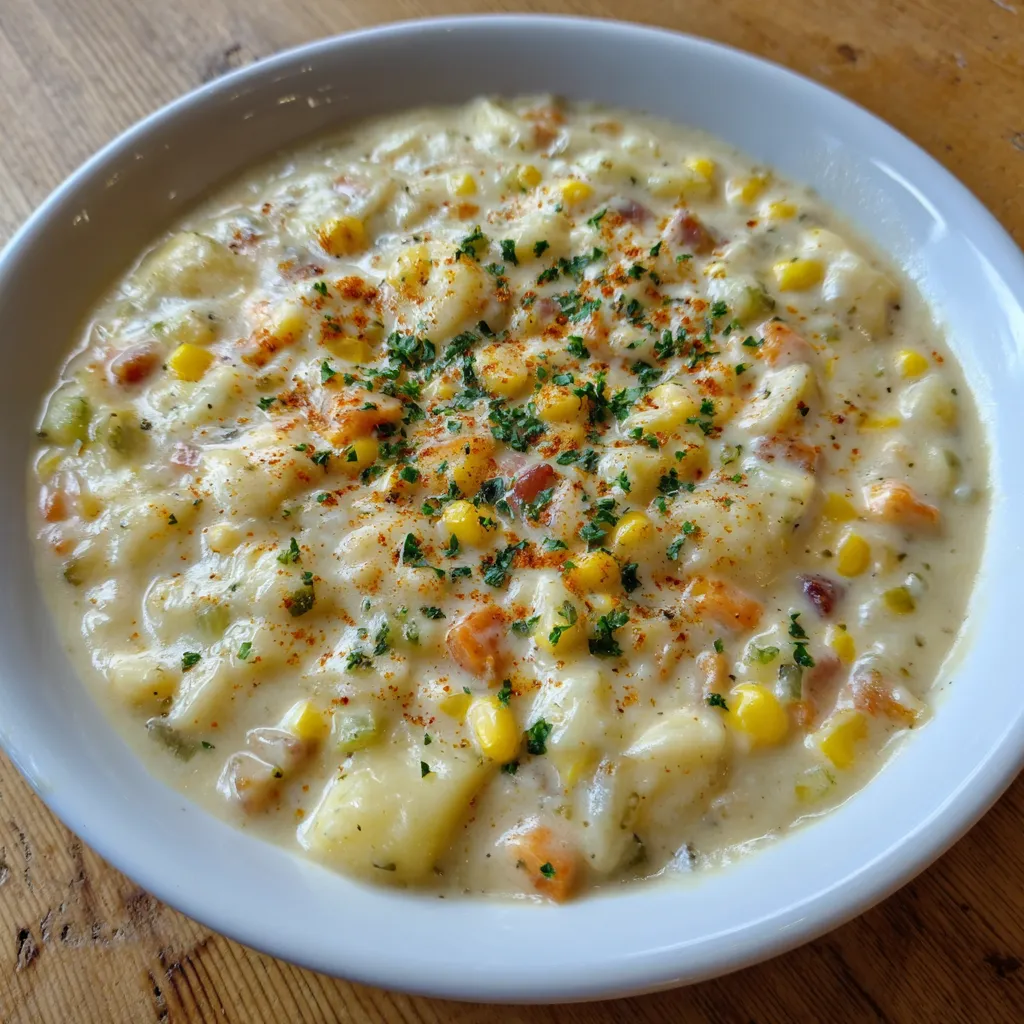 Close-up of creamy potato and corn chowder with chunks of veggies
