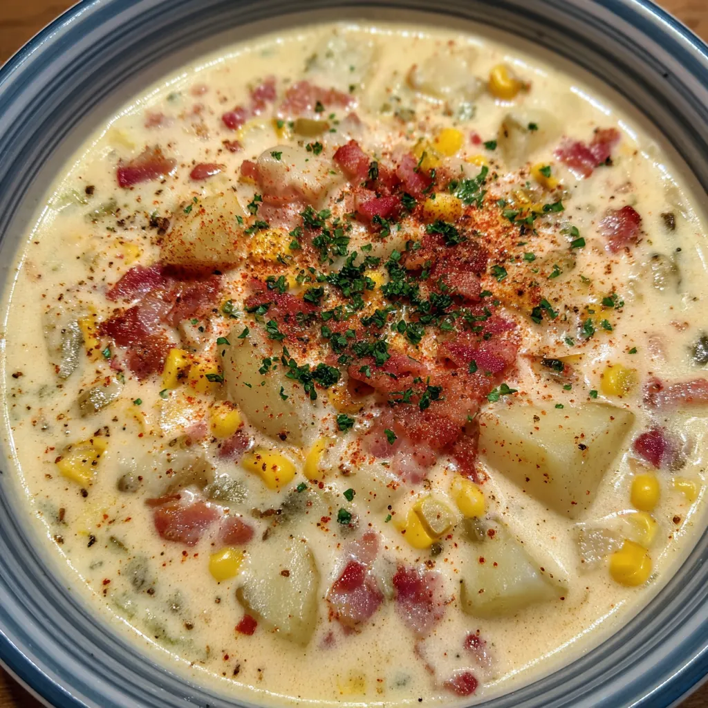 Close-up of creamy potato and corn chowder with chunks of veggies