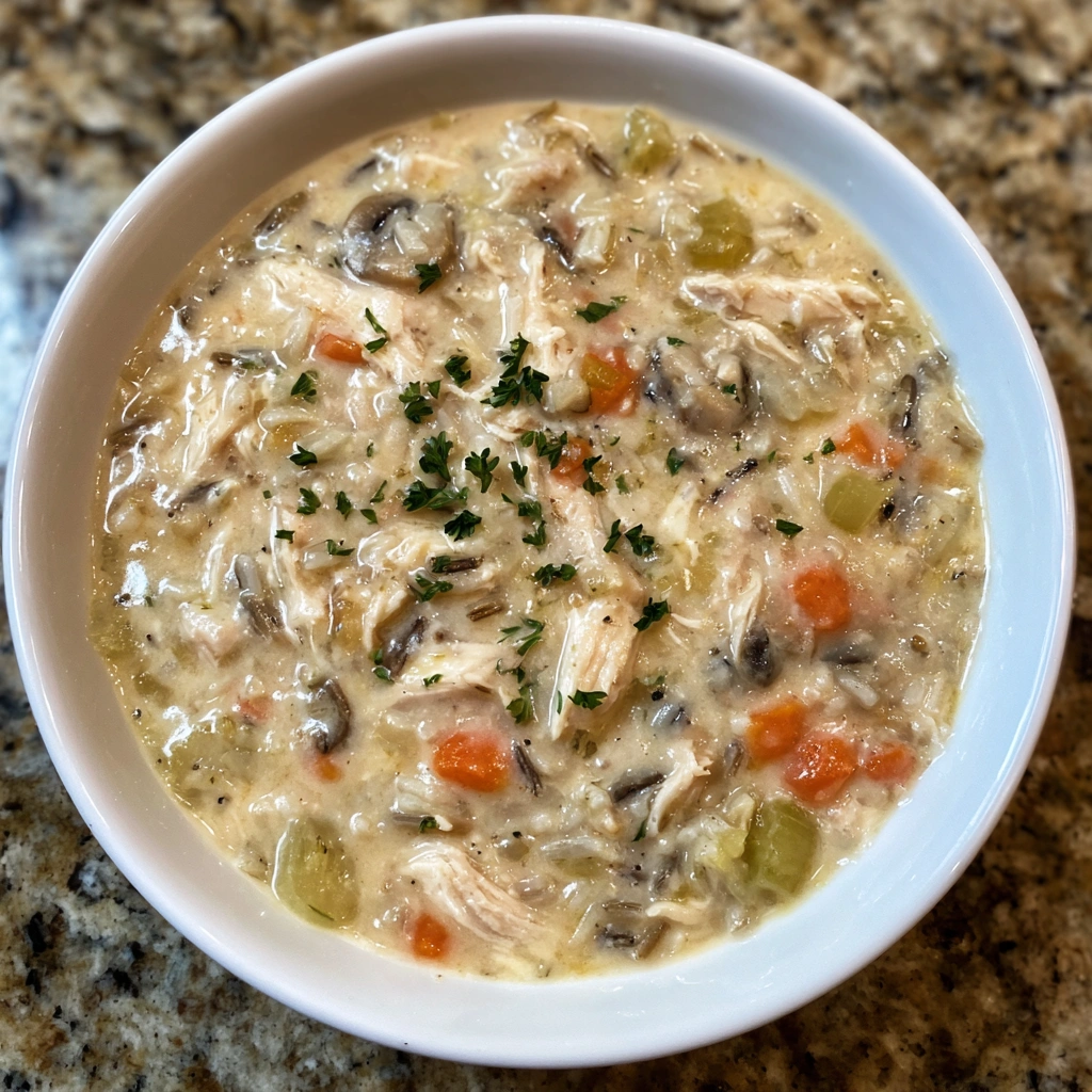 Spoonful of creamy chicken wild rice soup with chunks of veggies