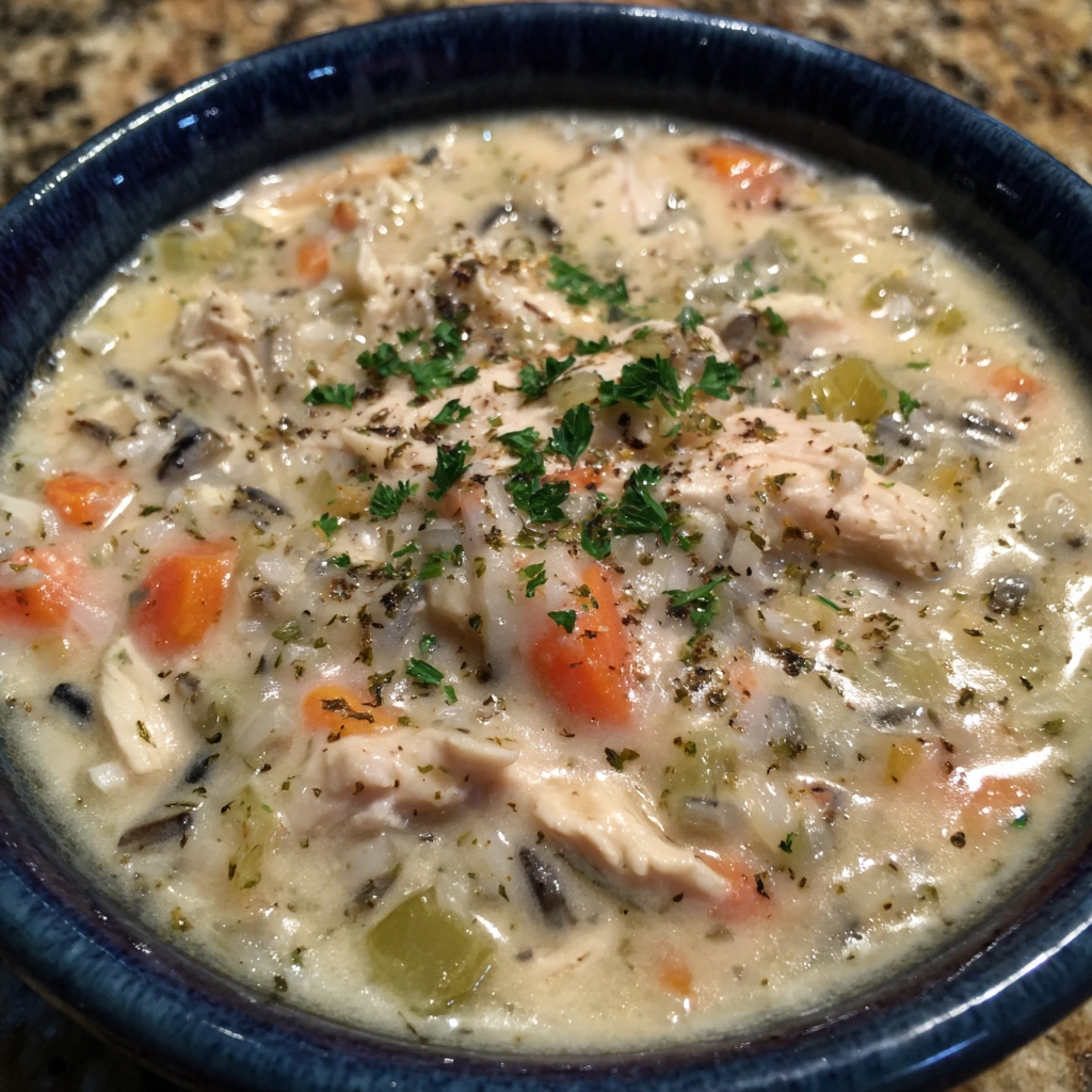 Close-up of creamy chicken wild rice soup with parsley garnish