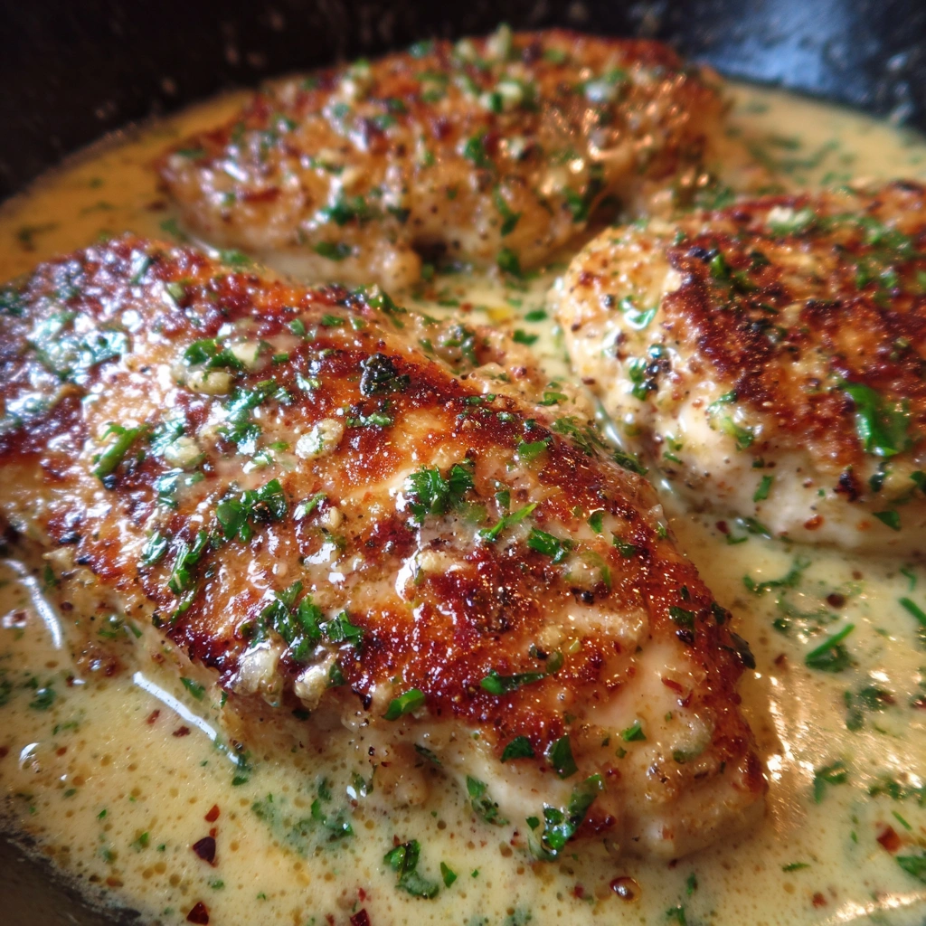 Skillet of creamy garlic parmesan chicken garnished with parsley