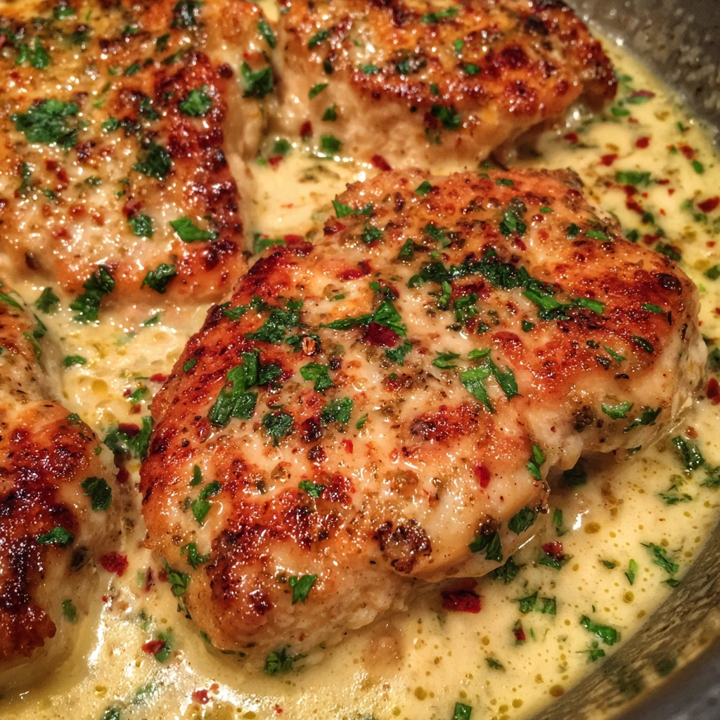 Close-up of chicken in creamy garlic parmesan sauce with herbs