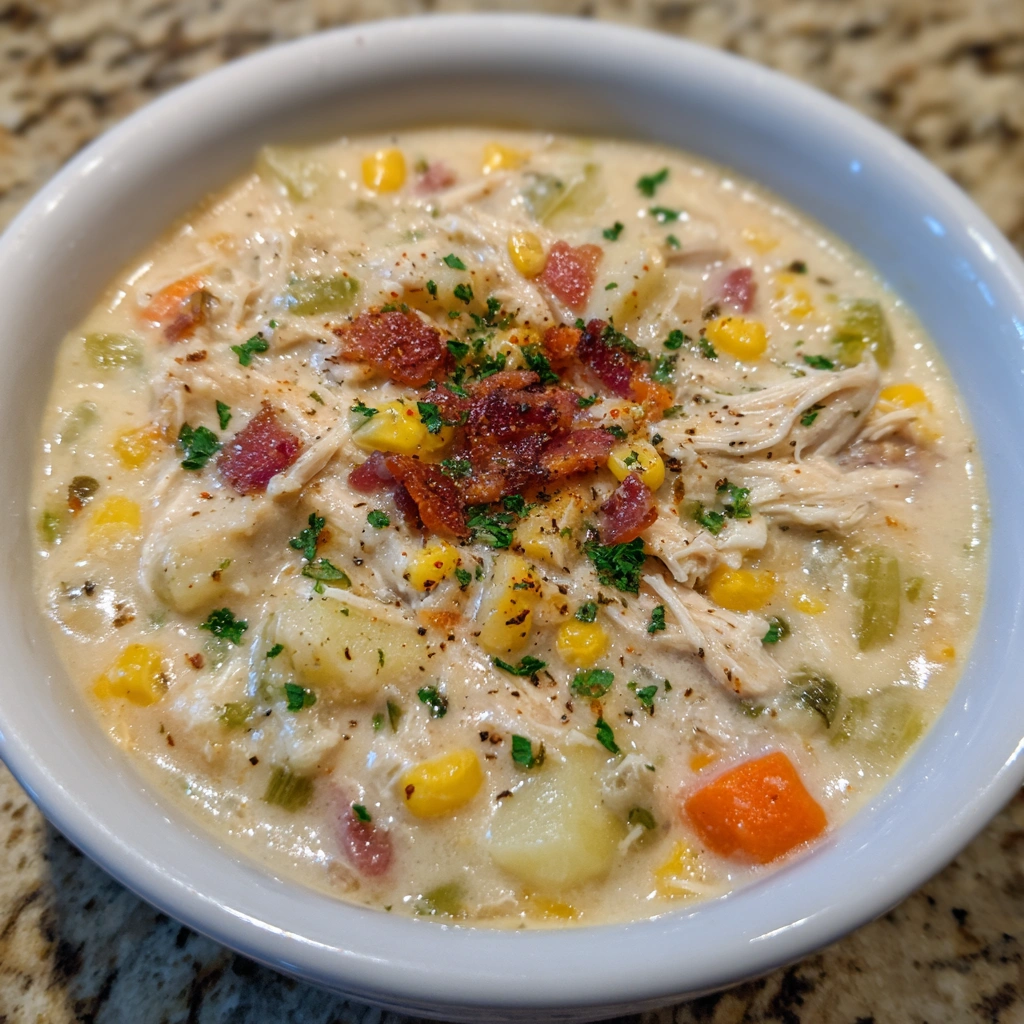 Bowl of creamy crockpot chicken corn chowder topped with parsley