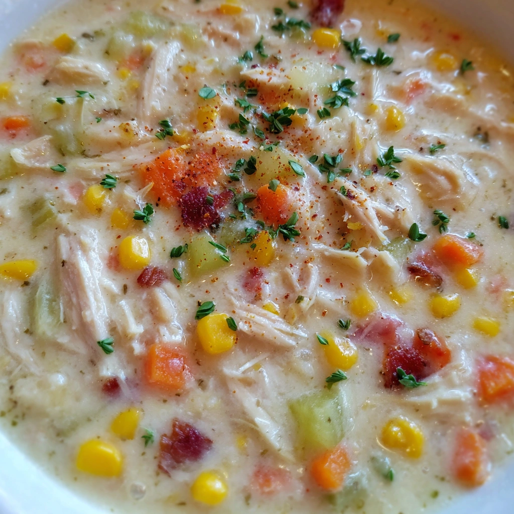 Ladle serving creamy chicken corn chowder from a crockpot