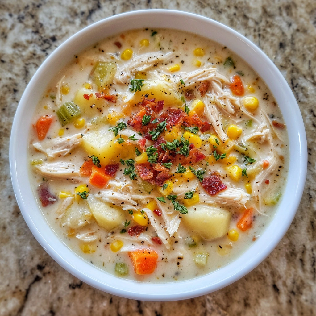 Close-up of creamy chowder with corn, shredded chicken, and herbs