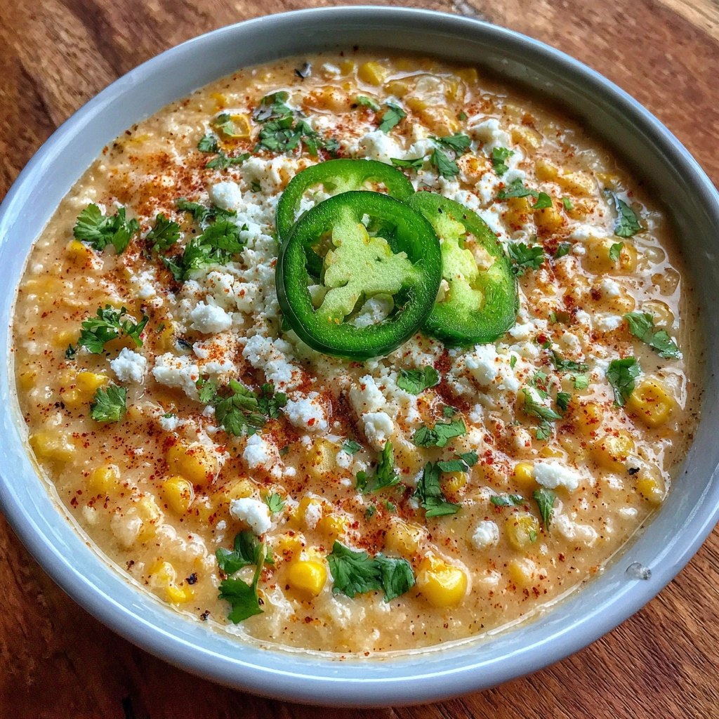 Bowl of Mexican street corn soup topped with cotija, cilantro, and chili powder