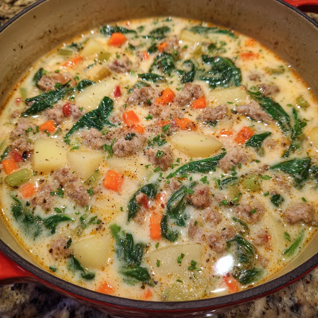 Bowl of creamy sausage potato soup with spinach and parmesan