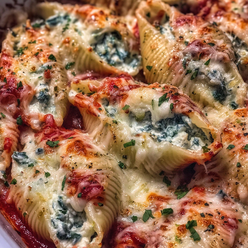 Pasta shells filled with creamy spinach ricotta mixture and baked in marinara sauce