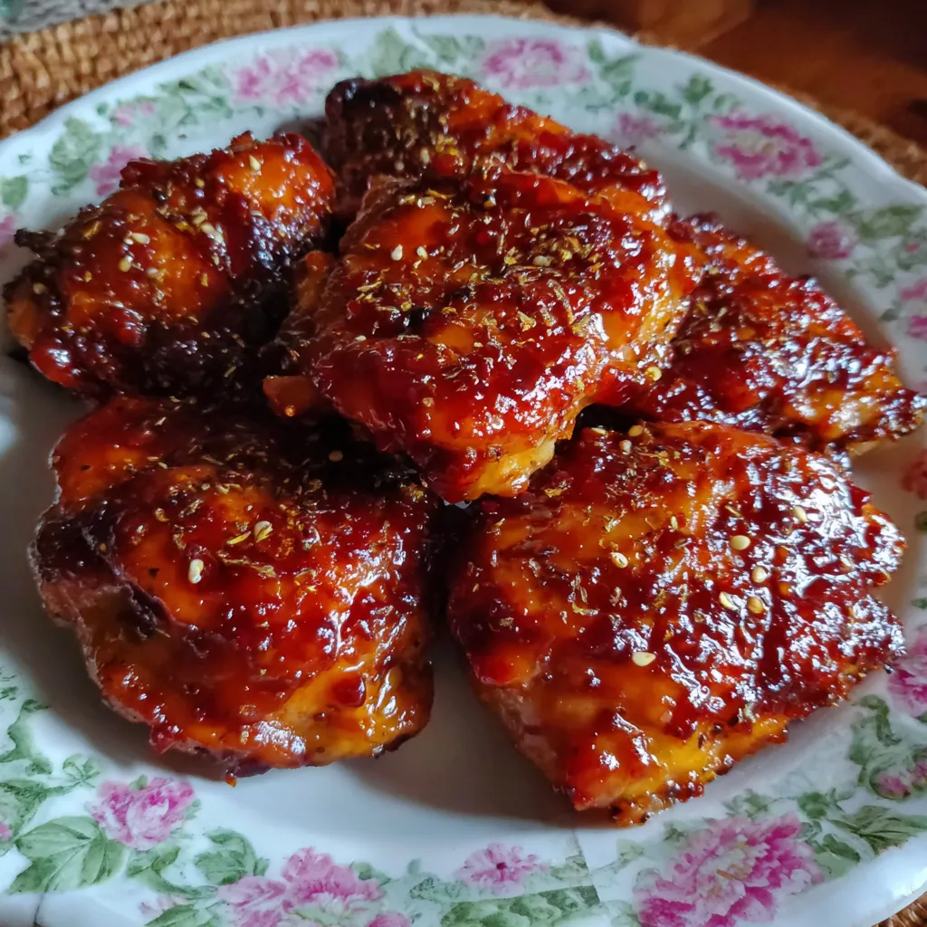 Plated chicken thighs with sesame seeds and green onions on top.