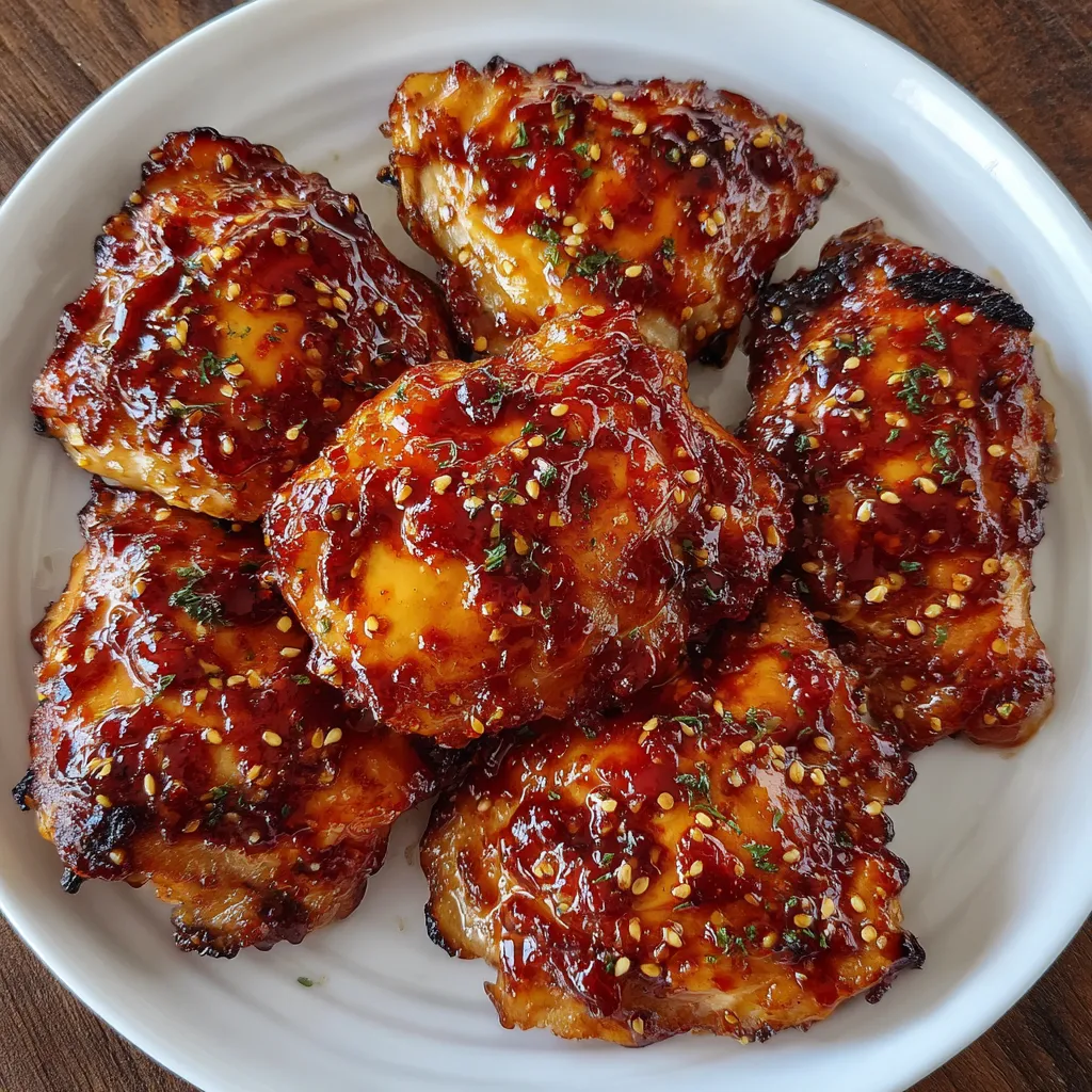 Chicken thighs in air fryer basket brushed with sticky glaze.