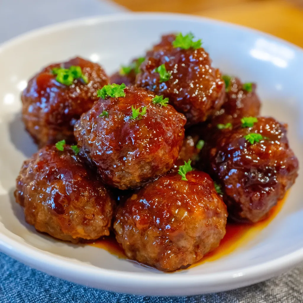 Meatballs simmering in a slow cooker with sweet chili sauce.