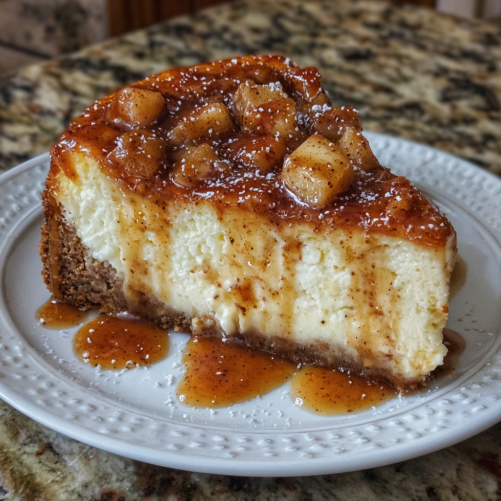 Whole apple cheesecake topped with cinnamon and whipped cream