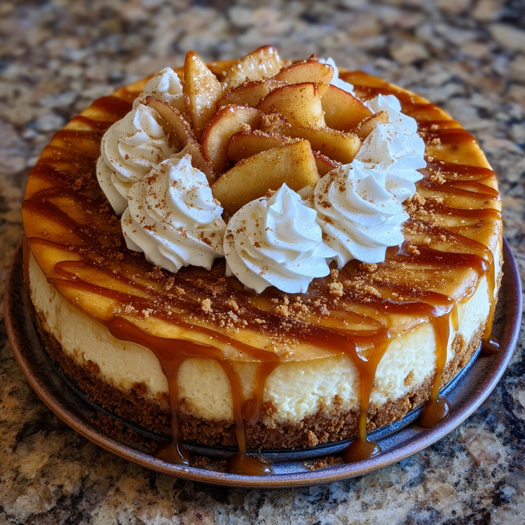 Cheesecake slice on a plate with apple slices and syrup drizzle