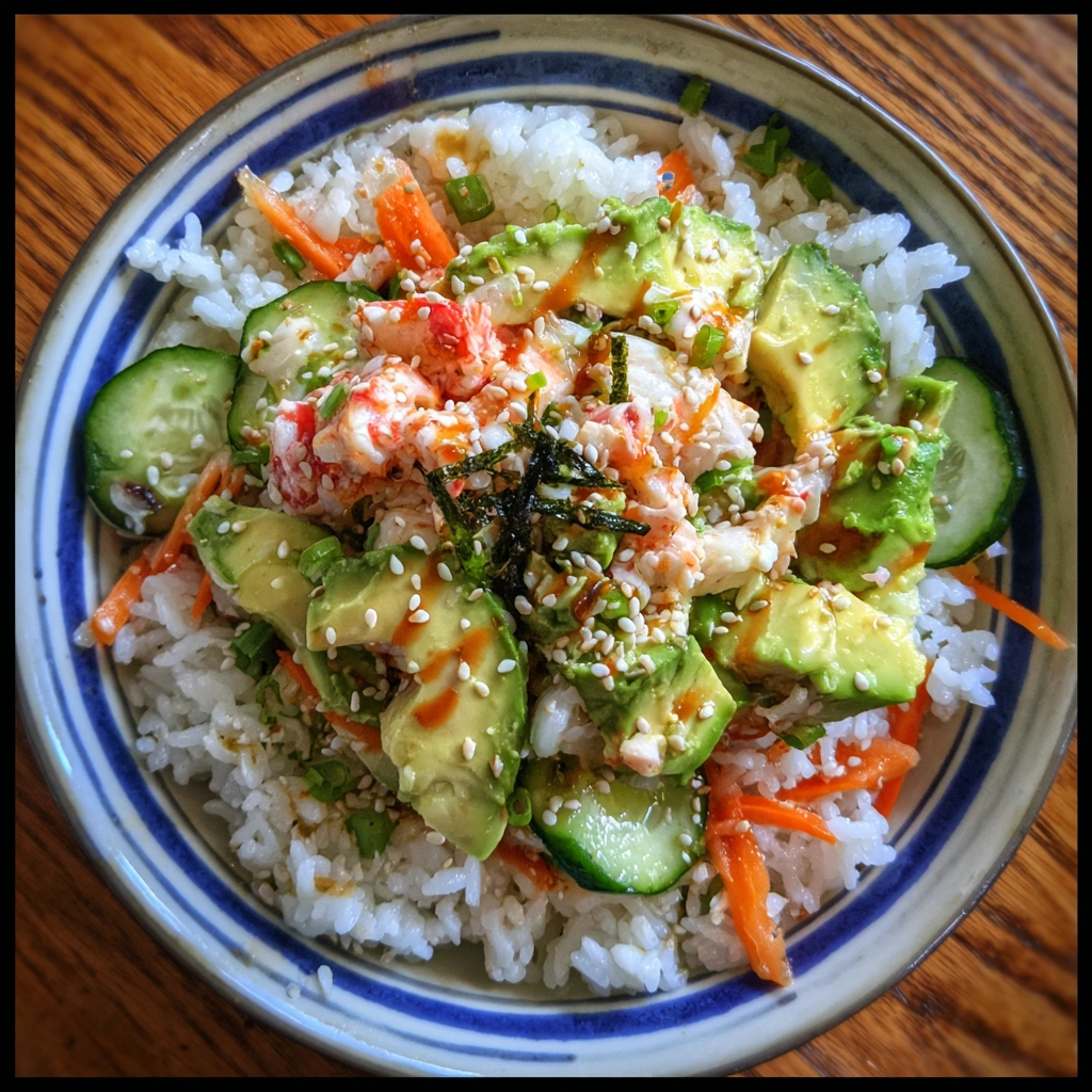 A fresh sushi bowl with shredded crab, carrots, and sesame seeds over rice.