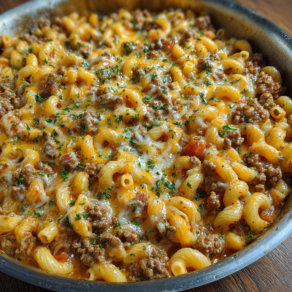 Serving plate with a helping of cheeseburger casserole and garnish