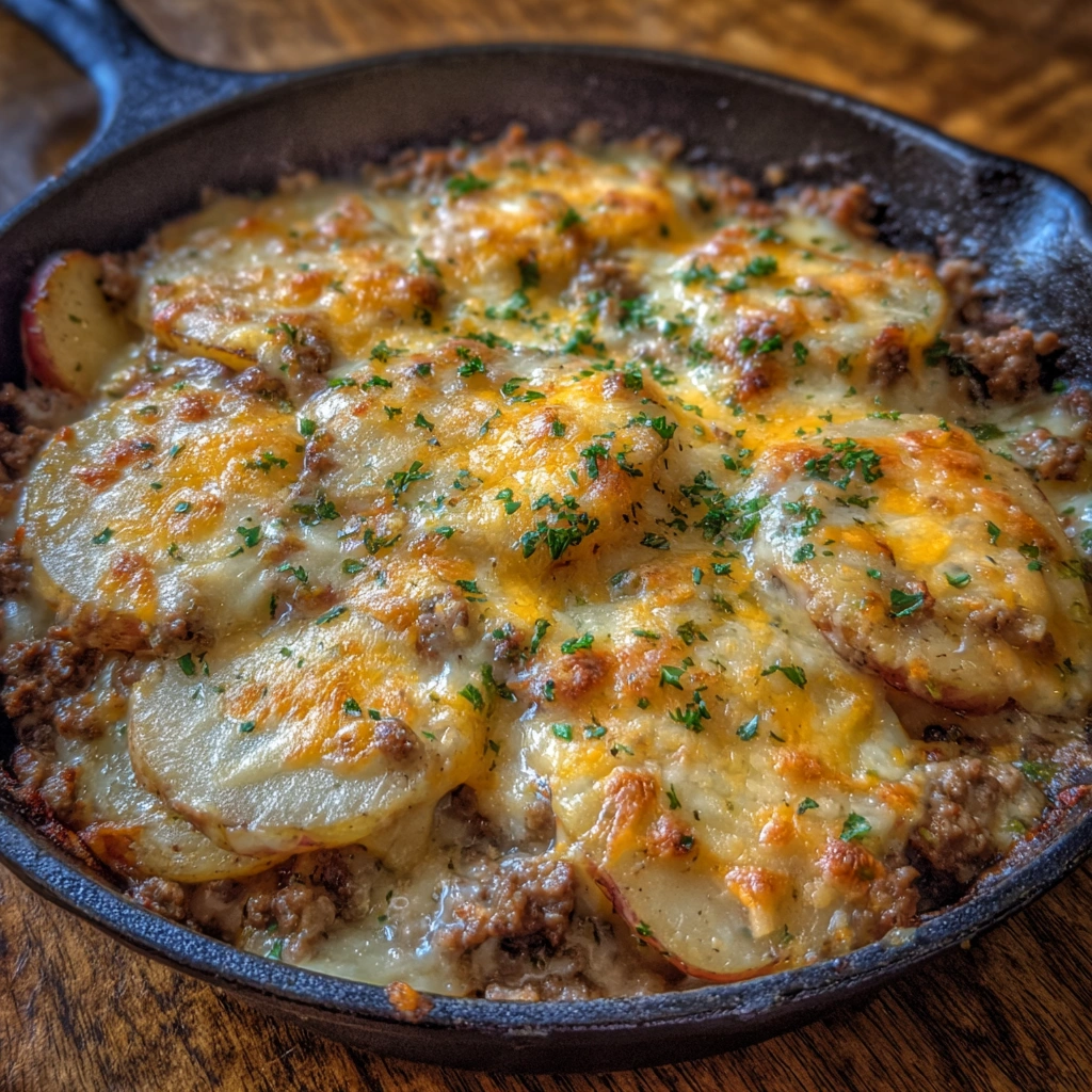 Sliced casserole piece on a plate with melted cheese dripping