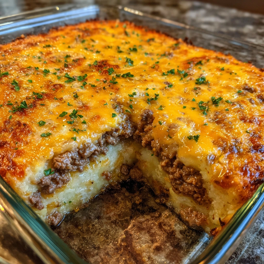 Overhead shot of casserole dish with crispy golden cheese