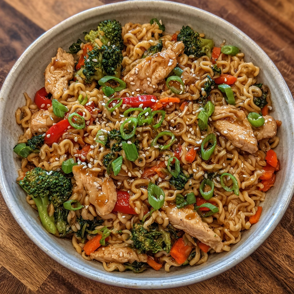 Juicy chicken strips mixed with ramen and stir-fried veggies in a skillet