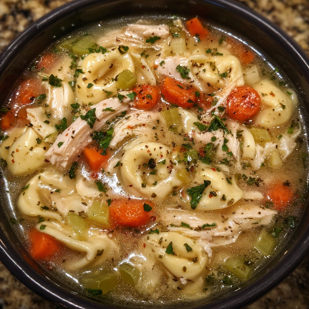 Overhead shot of soup bowl with parsley garnish