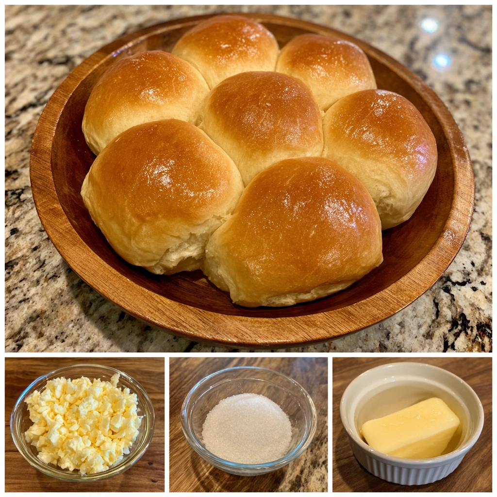 Close-up of freshly baked rolls brushed with melted butter.