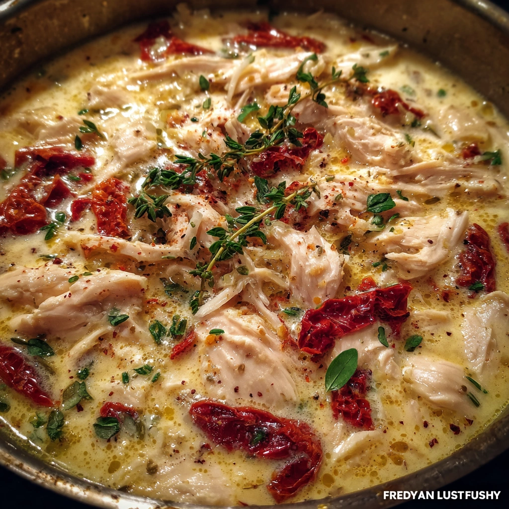 Pot of creamy soup with ladle and bread on the side