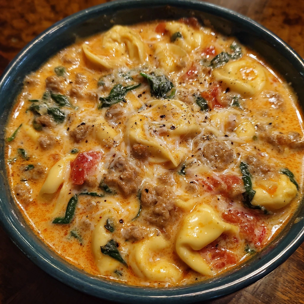 Cheesy tortellini in creamy tomato broth with sausage