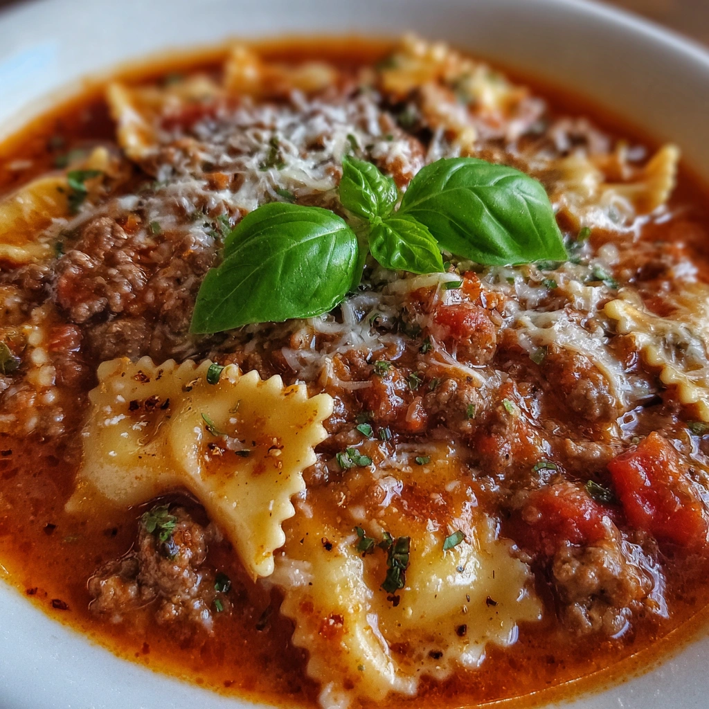 Overhead view of lasagna soup topped with melty cheese
