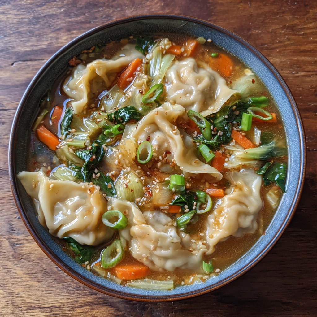 Ladle scooping dumpling from soup pot, steam rising