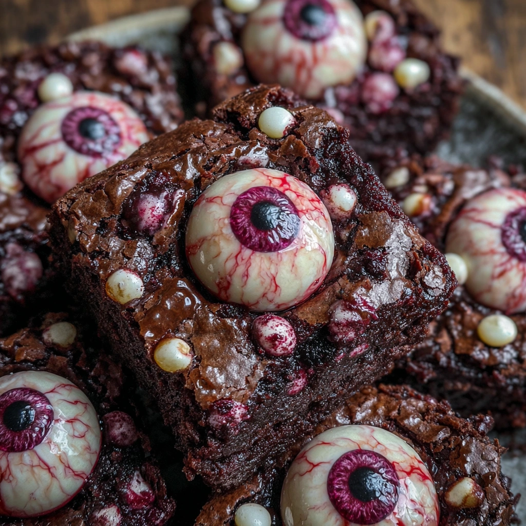 Halloween brownies with candy eyes and bloody icing details