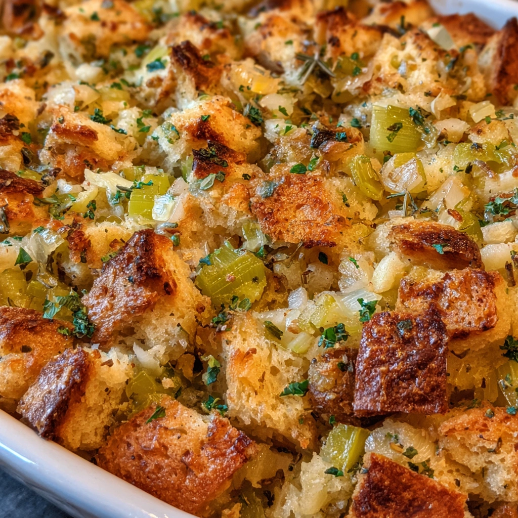 Baking dish of traditional stuffing fresh from the oven