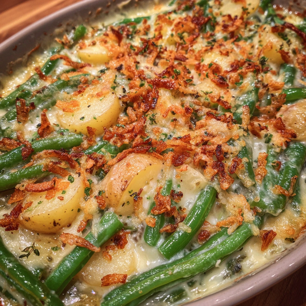 Serving spoon lifting creamy casserole with green beans and potatoes