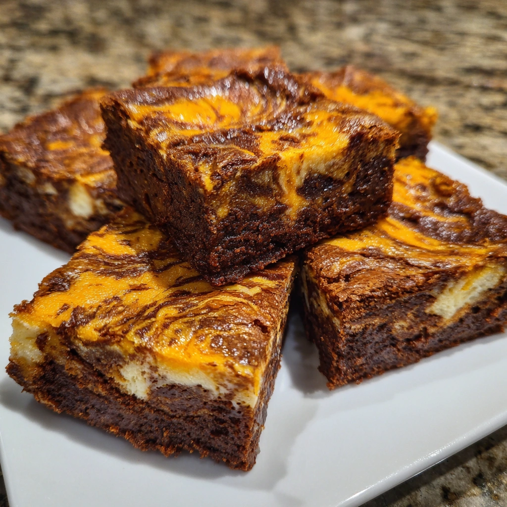Brownies with orange and chocolate swirl on top, cut into squares