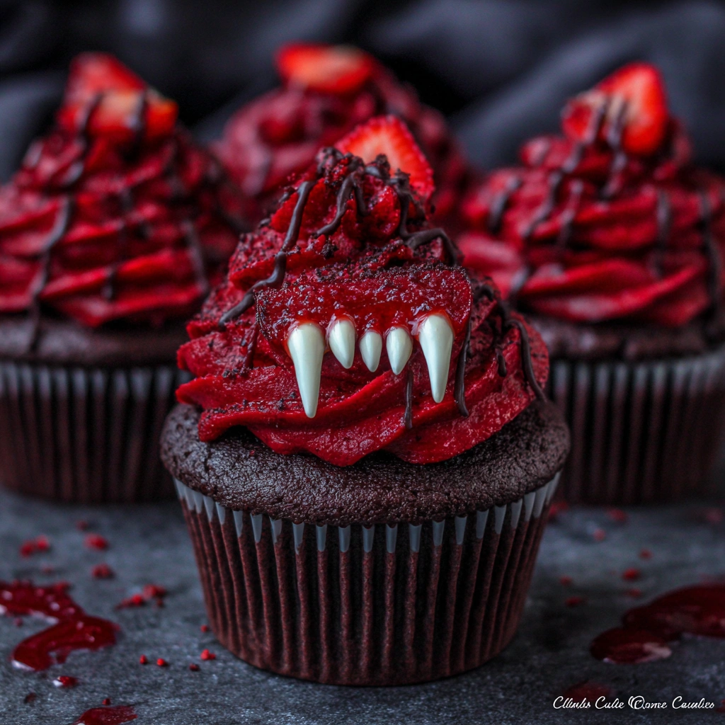 Frosted chocolate cupcakes with red gel blood and white fangs