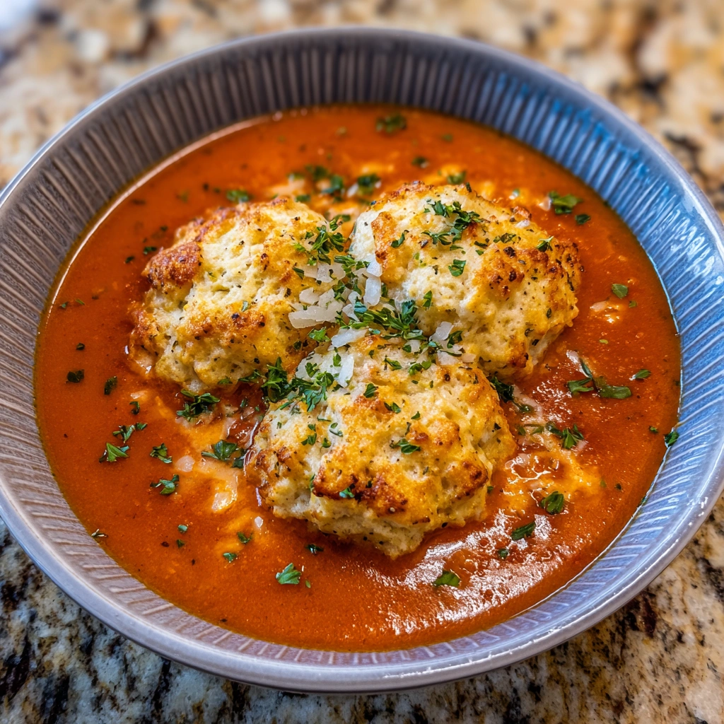 Hearty Tomato Soup with Cheddar Bay Dumplings