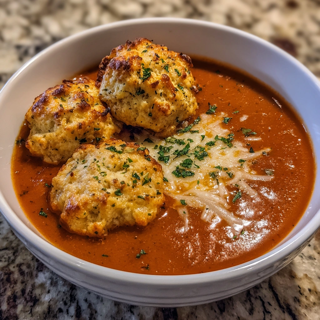 Ladle lifting dumplings from a pot of tomato soup