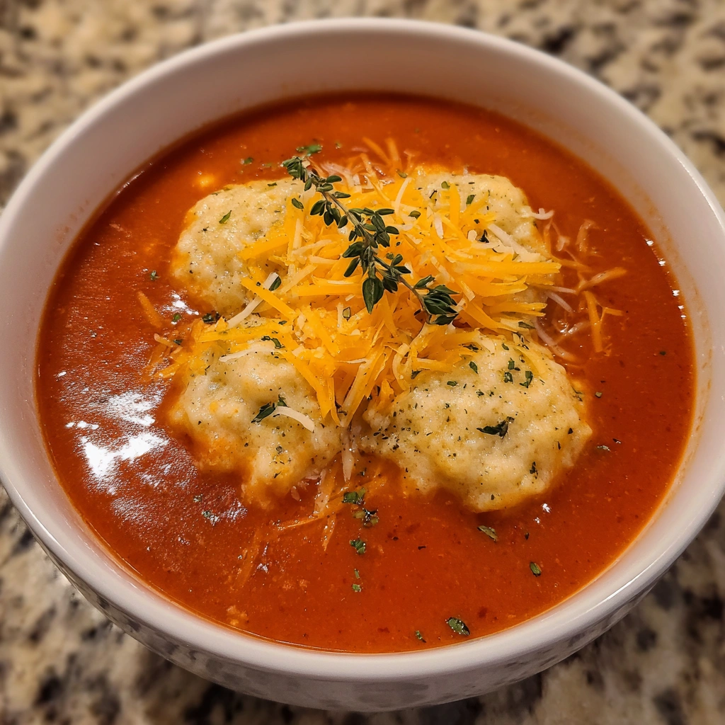 Overhead shot of soup bowl with herbs and dumplings