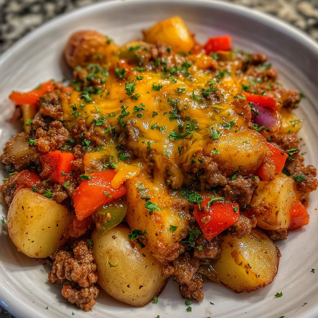 Top view of casserole in baking dish with serving spoon